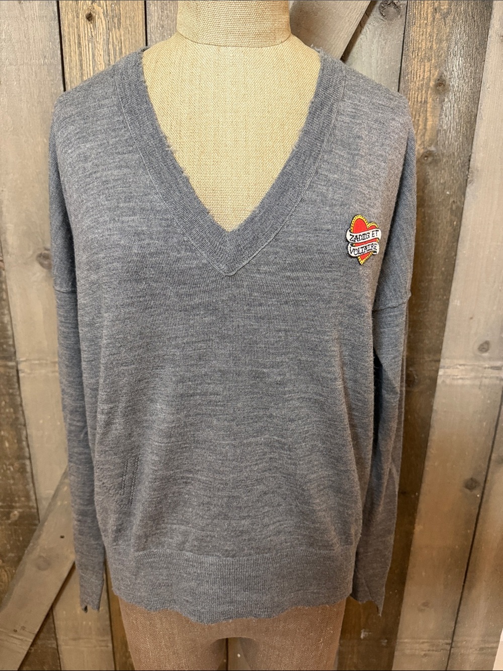Zadig & Voltaire Brume Love Ribbon Sweater Merino Wool Heart Gray V Neck Small